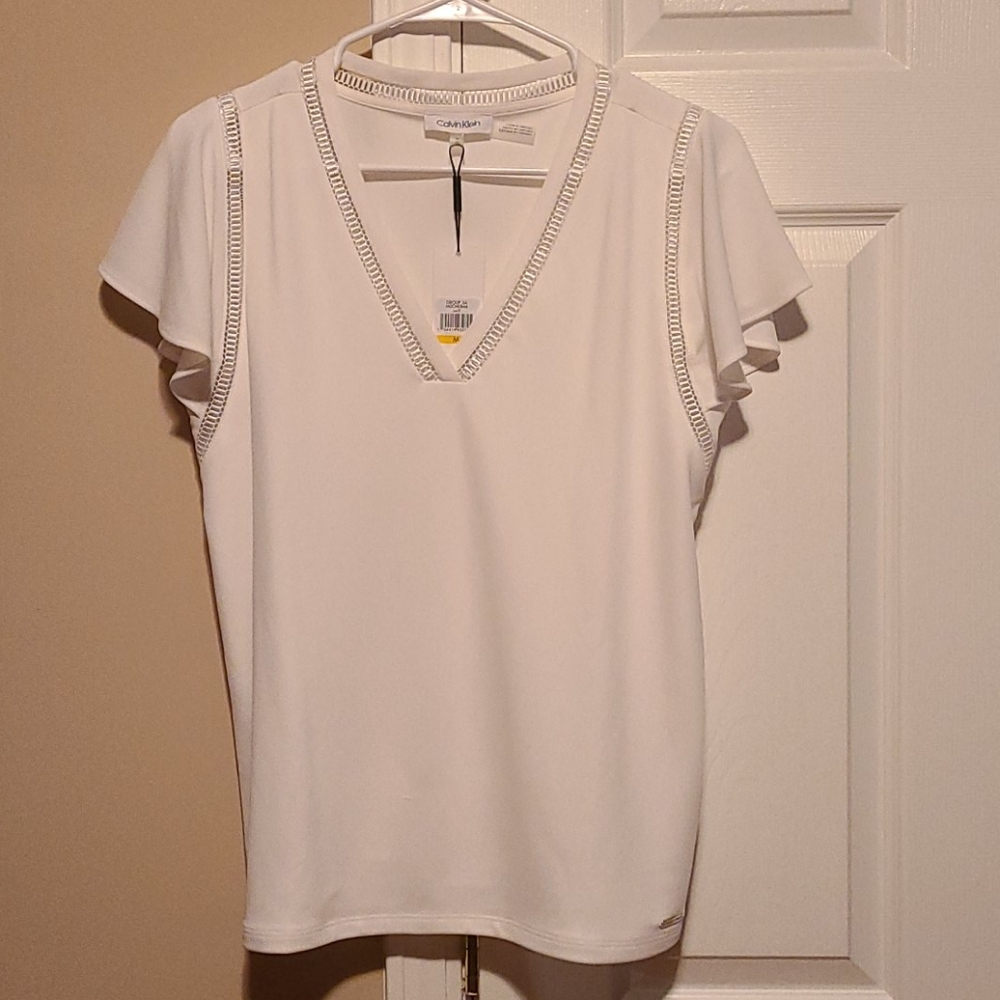 White Calvin Klein V Neck Flutter Sleeve Blouse M